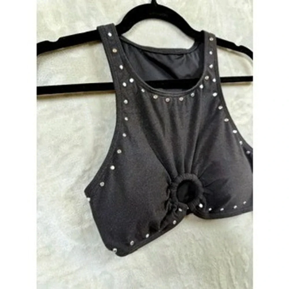 NWT Michael Kors Bikini Top Womens Black Studded O-Ring High Neck Crepe S $100